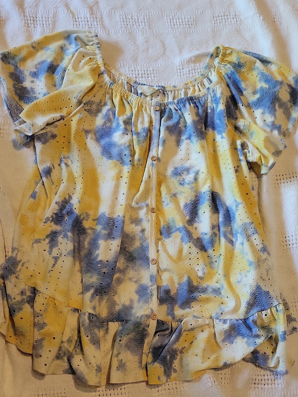 1.4.3. Story by Line Up Yellow & Blue Tie-Dye Eyelet Button-Front Blouse